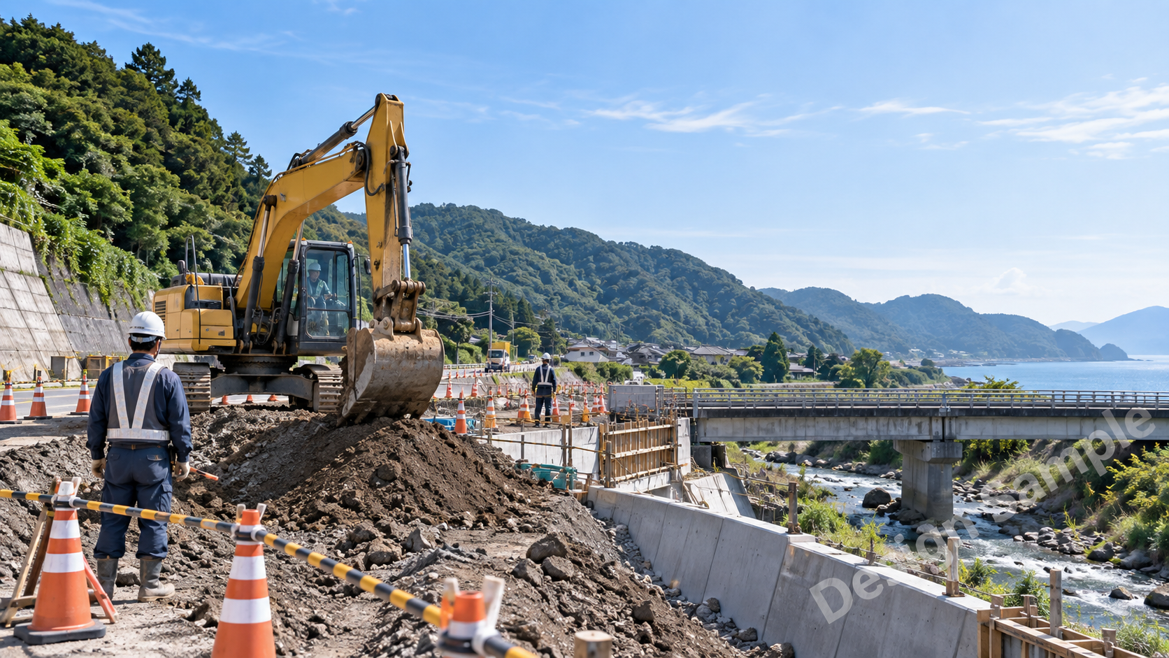 山間地域の道路と橋梁を整備する工事現場