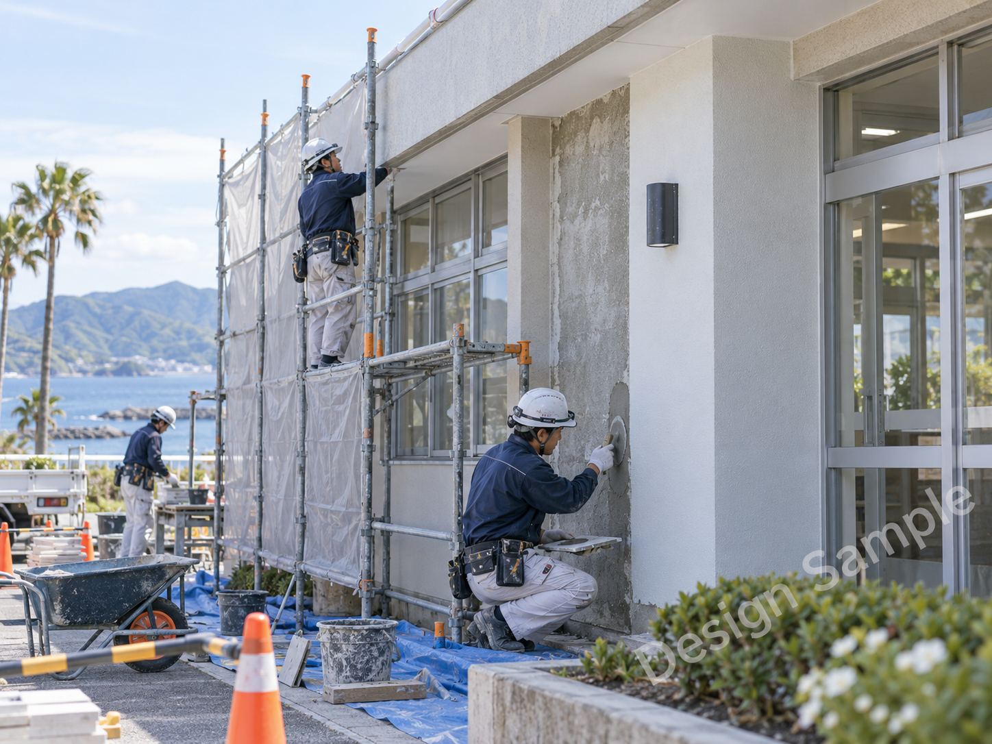 公共施設の外壁を補修する作業員