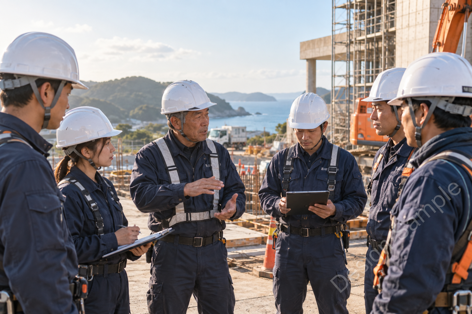 朝礼で安全確認を行う建設チーム